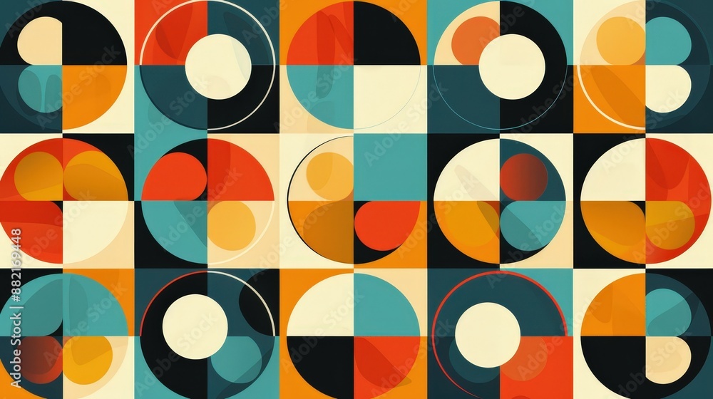 Poster a geometric pattern with overlapping circles and squares in vibrant, contrasting colors. each shape 