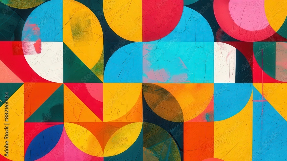 Poster a geometric pattern with overlapping circles and squares in vibrant, contrasting colors. each shape 