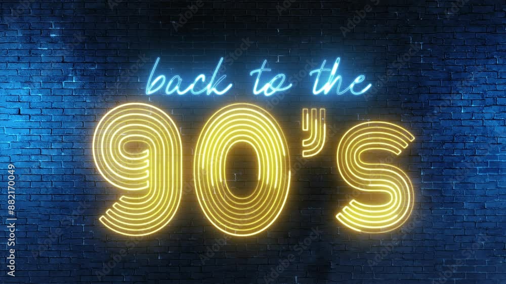 Poster back to the 90's text font with neon light. luminous and shimmering haze inside the letters of the t