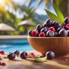 Fototapeta premium close up on splashed acai with colored berry fruit in colored background ,berry consept