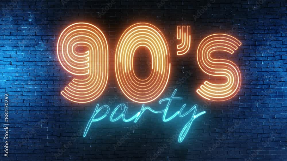 Poster 90's party text font with neon light. luminous and shimmering haze inside the letters of the text 90