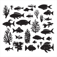 Sea animals fish algae set silhouette white background
