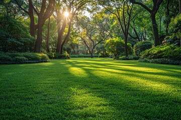Obraz premium A serene and picturesque park in the late afternoon sun, featuring lush green grass, tall trees, and a tranquil environment ideal for relaxation and outdoor activities