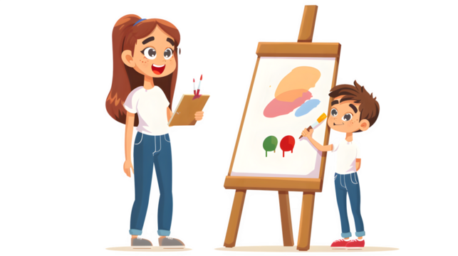 Art class creativity on canvas, student painting session, artistic expression in school, png file, isolated on white