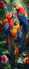 Obraz premium Colorful parrots perched on tropical branches, lush green leaves, bright and vivid lighting, exotic and detailed