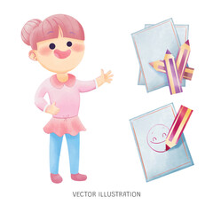 Happy teacher with paper and pencil icons set isolated elements clipart
