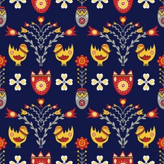 Scandinavian folk art pattern. Illustration colorful folk art birds and floral shape seamless pattern. Nordic folk art pattern use for fabric, textile, home decoration elements, upholstery, wrapping.
