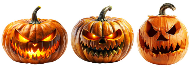 Three illuminated carved pumpkins with evil grins, creating a spooky and festive Halloween display.
