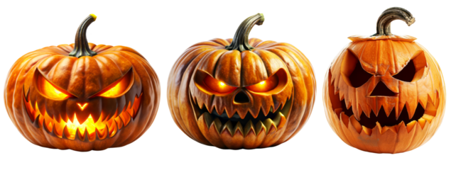 Three illuminated carved pumpkins with evil grins, creating a spooky and festive Halloween display.
