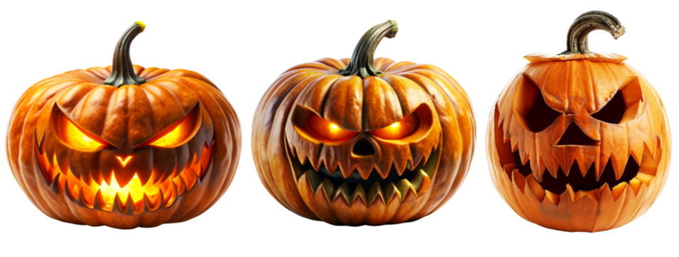 Three illuminated carved pumpkins with evil grins, creating a spooky and festive Halloween display.
