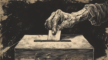 Hand casting a ballot into a box vintage illustration sepia tones detailed crosshatch shading