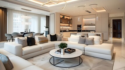 Luxurious interior design living room and white kitchen. Open plan interior