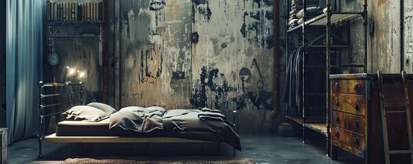 Industrial bedroom with an empty metal rack.