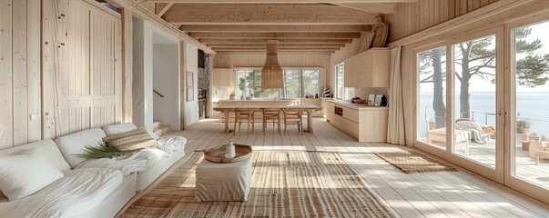 Scandinavian summer cabin with light wood interiors.
