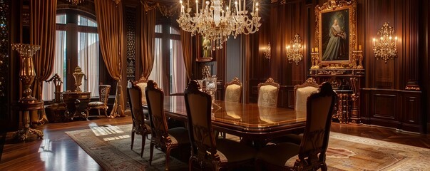 Ornate dining room with rich wood furniture and a crystal chandelier.
