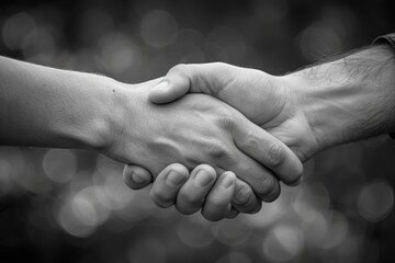 A close-up black and white image of two people shaking hands, symbolizing partnership, agreement, and mutual understanding, with a blurred background for added focus on the hands