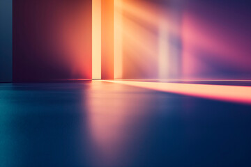 Abstract room with vibrant light beams and colorful reflections on the floor