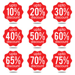 Discount sticker discount price tag set. Red shape promote buy now with sell off up to 20, 30, 40, 50, 60, 70, 80 percentage vector illustration isolated on white in eps 10.