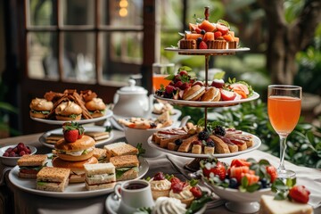 A traditional afternoon tea setup with finger sandwiches, scones with clotted cream and jam, and an assortment of pastries, served on a tiered stand.