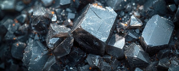 High-resolution close-up image displaying a variety of dark, shiny, crystalline rocks with sharp, jagged edges and small scattered orange specks, focusing on texture and intricate details