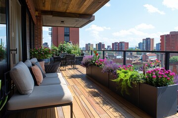 A beautifully designed urban balcony adorned with vibrant flowers and cozy seating offers a peaceful retreat amidst a bustling cityscape with high-rise buildings in the background