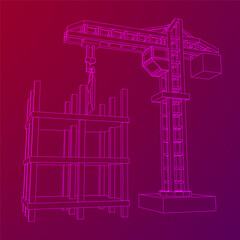 Construction crane tower. Building under construction industrial concept. Wireframe low poly mesh vector illustration.