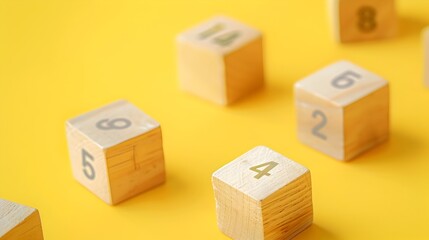 Obraz premium Stacked Wooden Cubes with Numbers on Yellow Minimalistic Background