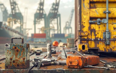 Fototapeta premium Rusty tools and containers at an industrial dockyard with cranes in the background, depicting a busy and rugged port environment.