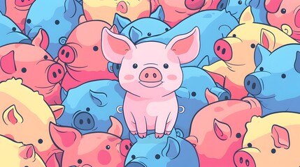 Cheerful Cartoon Pigs in Colorful Repetitive Pattern Background