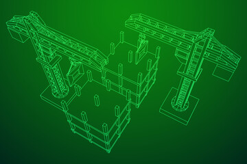 Construction crane tower. Building under construction industrial concept. Wireframe low poly mesh vector illustration.