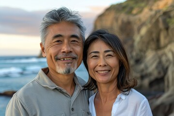Obraz premium Portrait of a cheerful asian couple in their 40s wearing a simple cotton shirt over dramatic coastal cliff background