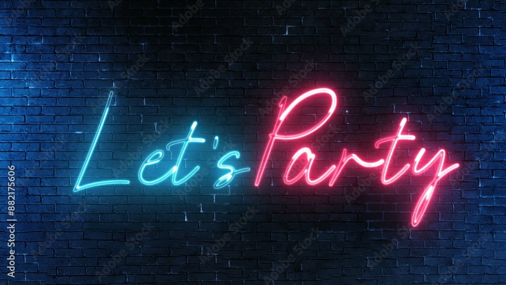 Poster let's party text font with neon light. luminous and shimmering haze inside the letters of the text p