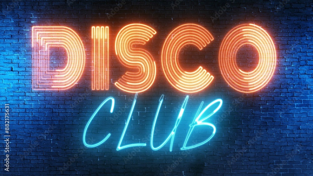Poster disco club text font with neon light. luminous and shimmering haze inside the letters of the text di