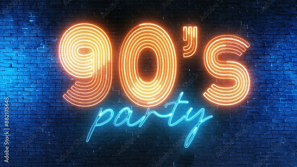 Poster 90's party text font with neon light. luminous and shimmering haze inside the letters of the text 90