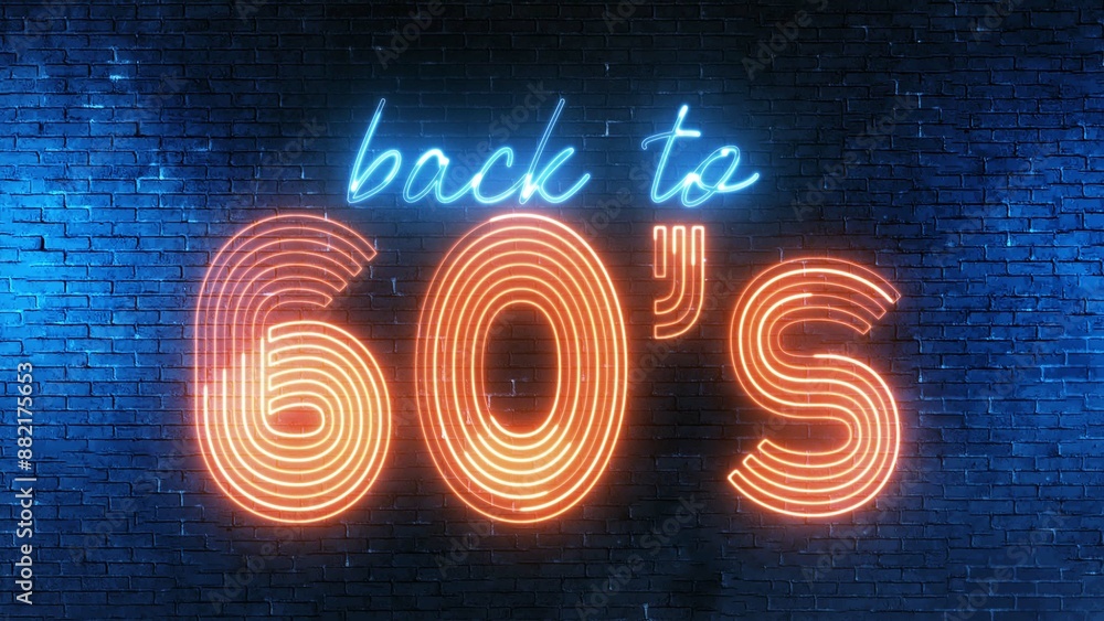 Poster back to 60's text font with neon light. luminous and shimmering haze inside the letters of the text 