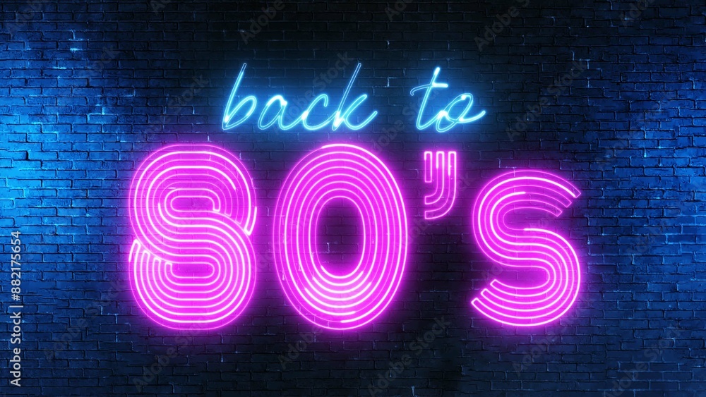 Poster back to 80's text font with neon light. luminous and shimmering haze inside the letters of the text 