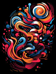 Fototapeta premium This image features a t-shirt design of a vibrant and dynamic mix of colorful swirls and abstract shapes, showcasing movement, energy, and artistic creativity.