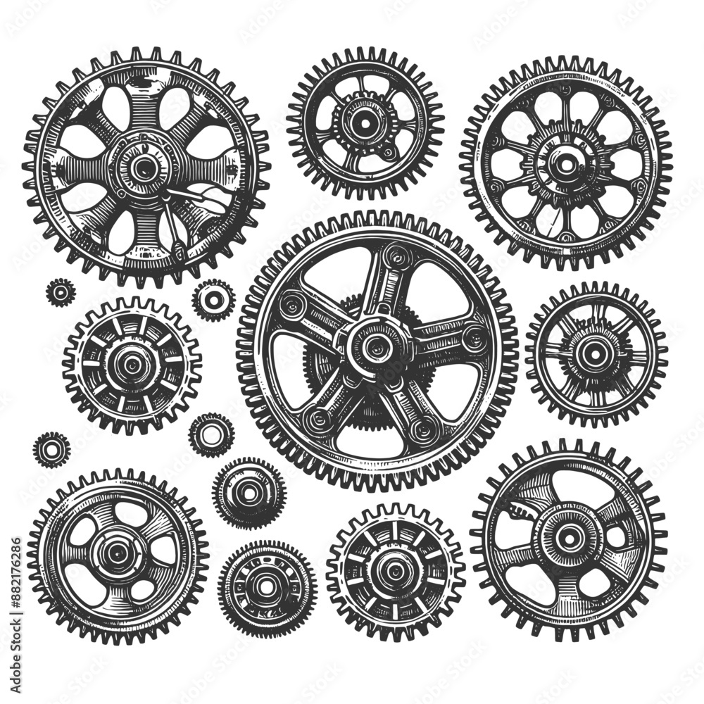 Poster various steampunk gears and mechanical components, intricate design and industrial aesthetics sketch