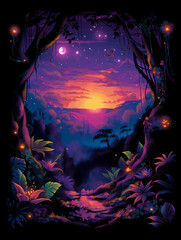 Fototapeta premium This enchanting t-shirt design image depicts a mystical twilight landscape featuring glowing plants, fireflies, and a vibrant, colorful sky with stars and a crescent moon above a serene valley.