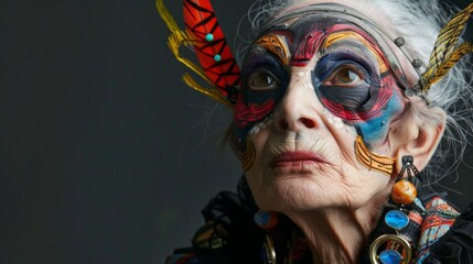 Elderly Woman With Colorful Face Paint And Feathers In Her Hair