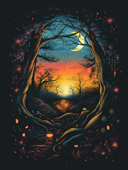 An t-shirt design of an enchanting forest path framed by twisted trees, leading towards a luminous horizon with a twilight sky and crescent moon, creating a magical and serene scene.