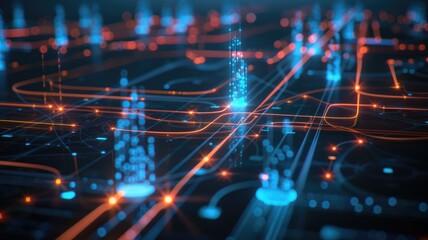 Fototapeta premium Abstract depiction of a futuristic digital network featuring blue light trails and glowing nodes,