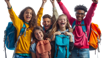 Diverse group of excited students, back to school scene, multicultural and inclusive education, joyful academic return, png file, isolated on white