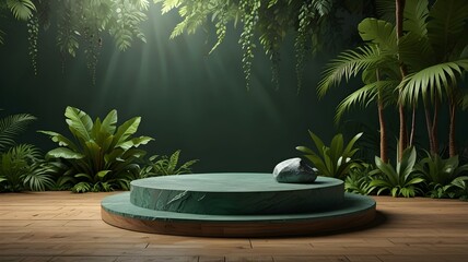 Tropical Jungle Podium: A 3D green podium surrounded by dense, vibrant jungle foliage and exotic plants, creating a lush, natural platform for product display