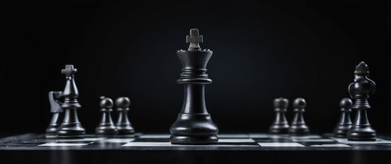A close up of black chess pieces on a chessboard, focused on the king  Perfect for themes of strategy, intelligence, and competition