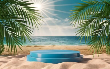 Obraz premium Sunny Beach Podium Display: A sleek white podium standing on golden sand with the ocean waves gently crashing in the background, under a bright, sunny sky.