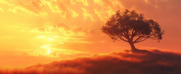 a lone tree on top of the hill, dramatic sky, colorful sunset, silhouette