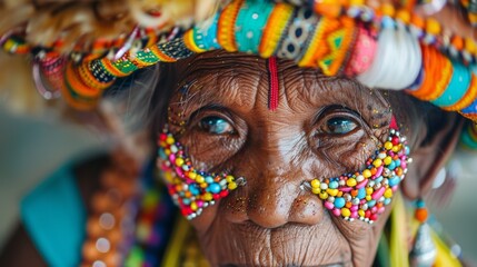 Obraz premium Close-Up Portrait of an Elderly Woman Wearing Traditional Jewelry in India