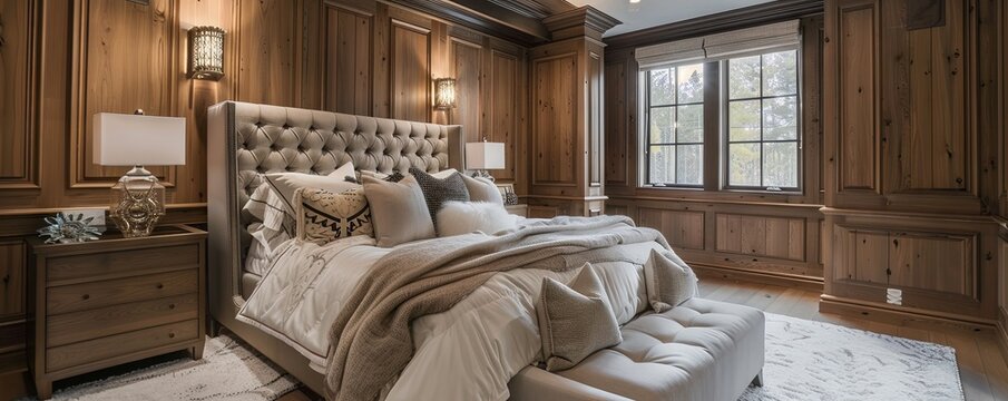 Elegant bedroom with custom millwork and luxurious bedding.