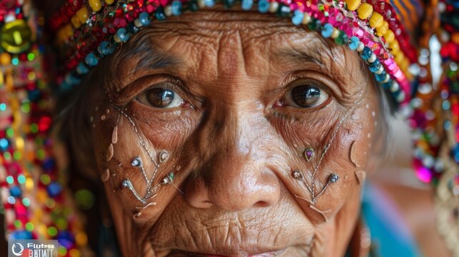 Close-Up Portrait of an Elderly Indigenous Woman Wearing Traditional Headwear and Facial Jewelry